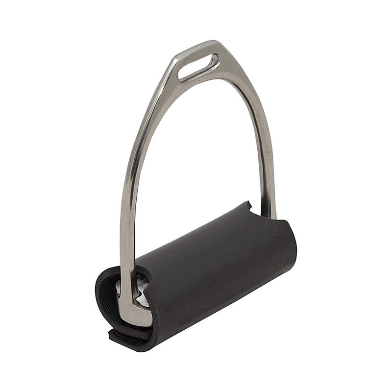 Stainless steel horse riding stirrup with black tread on white background.