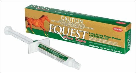 Equest horse wormer syringe and package on a white background.