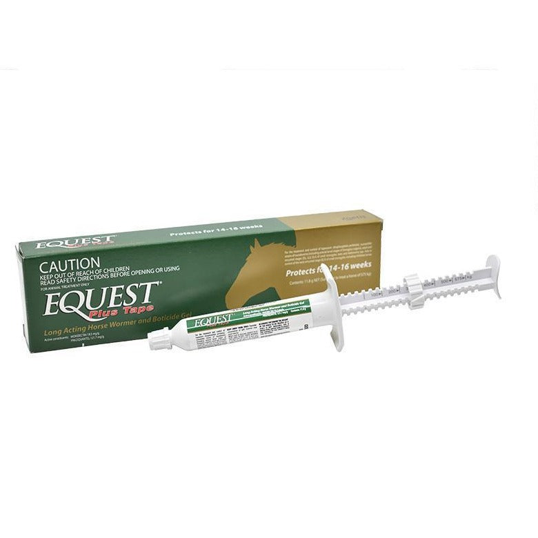 Equest Plus Tape horse wormer syringe and box on white background.