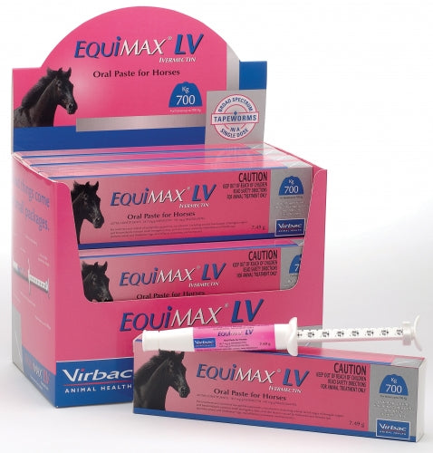 Box and syringe of Equimax LV horse wormer for tapeworm treatment.