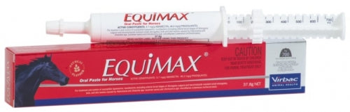 Equimax horse wormer syringe and box with dosage instructions.