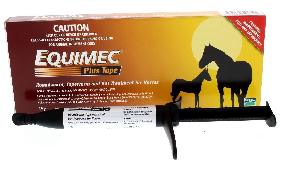 Equimec horse wormer packaging with applicator and silhouette of horses.