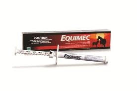 Equimec brand horse wormer syringe and box packaging displayed.
