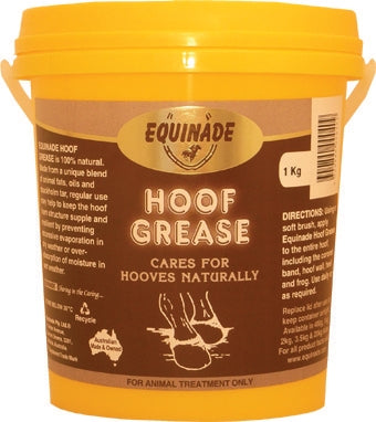 Alt text: A 1kg yellow plastic bucket of Equinade Hoof Grease with a label stating it's for natural hoof care and for animal treatment only, displaying instructions and a logo with horse hooves.