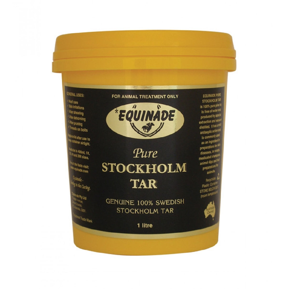 A 1-litre yellow container of Equinade Pure Stockholm Tar, specified for animal treatment only, labeled as genuine 100% Swedish Stockholm tar.