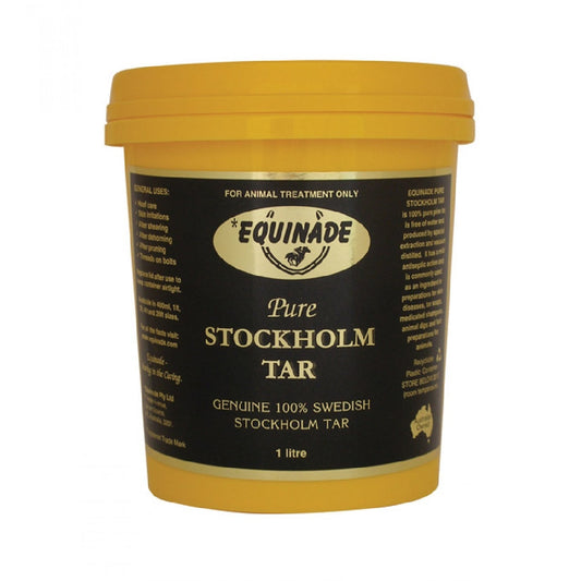 A 1-litre yellow container of Equinade Pure Stockholm Tar, specified for animal treatment only, labeled as genuine 100% Swedish Stockholm tar.