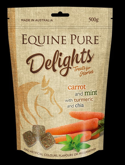 Equine Pure Delights carrot mint horse treat package, 500g.