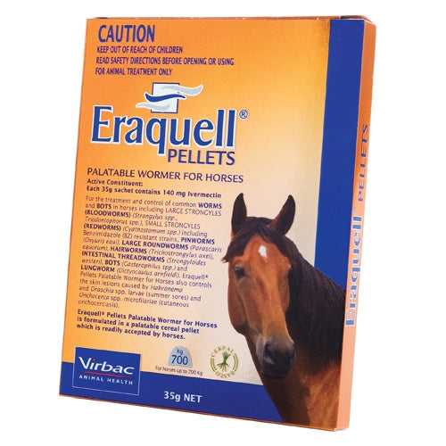 Box of Eraquell pellets, horse wormer medication, against a white background.