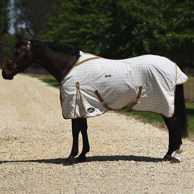 Horse wearing a checked Eurohunter horse rug standing on gravel path.