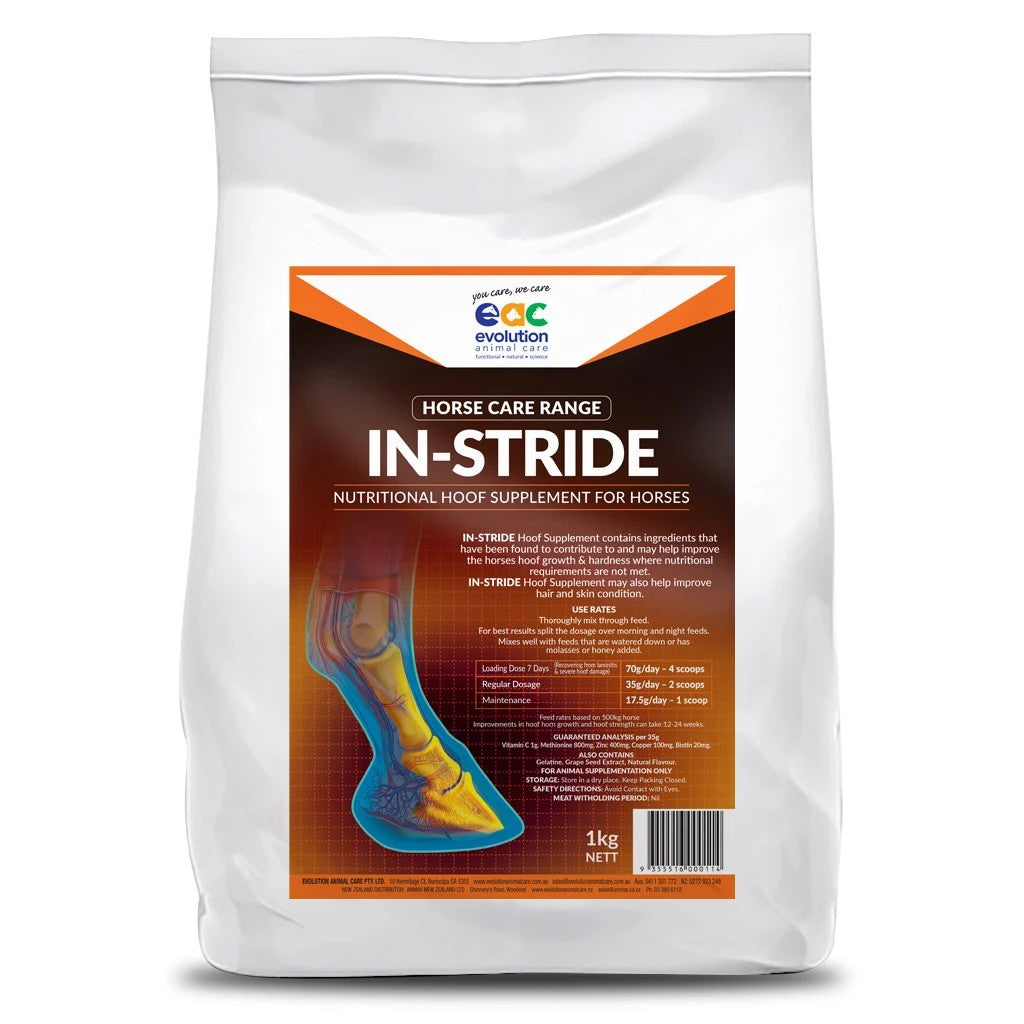 A 1kg bag of IN-STRIDE Nutritional Hoof Supplement for Horses featuring product information and a hoof illustration.