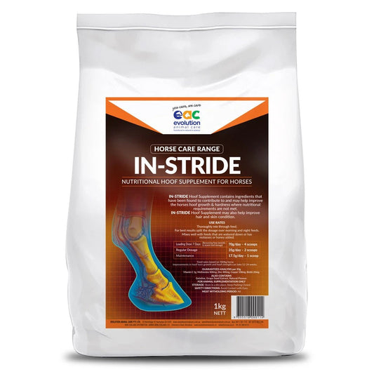 A 1kg bag of IN-STRIDE Nutritional Hoof Supplement for Horses featuring product information and a hoof illustration.
