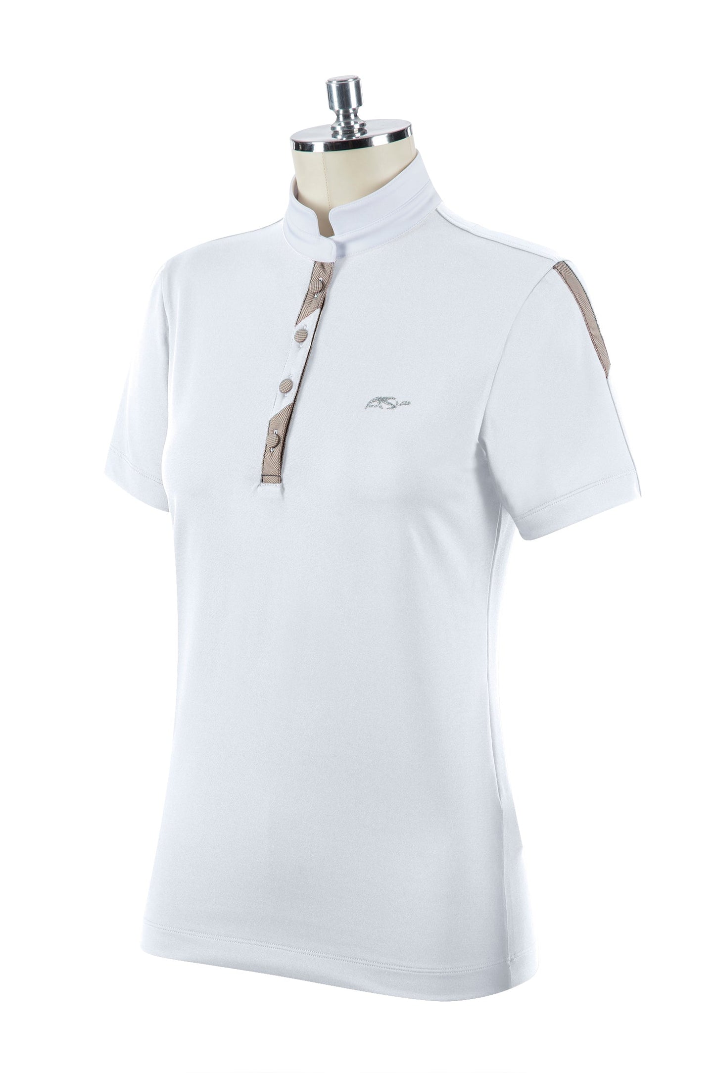 Alt text: Anna Scarpati white polo shirt displayed on mannequin torso.