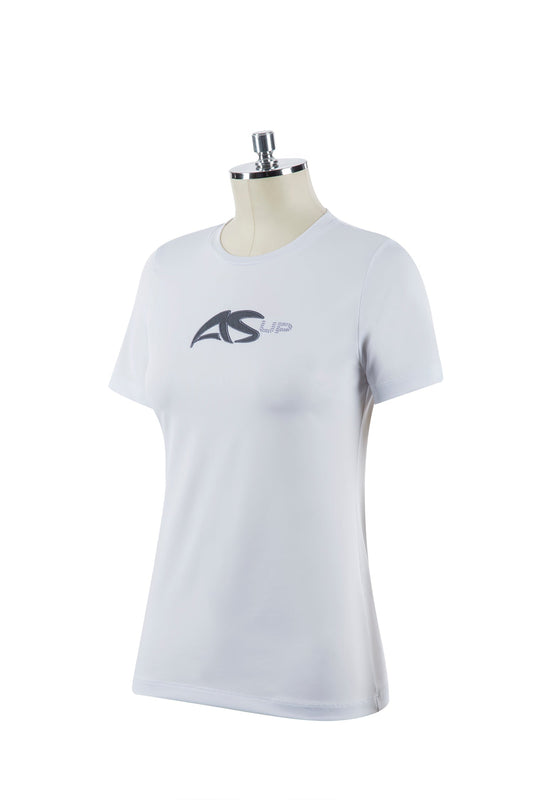 Anna Scarpati branded white t-shirt on a mannequin, isolated background.