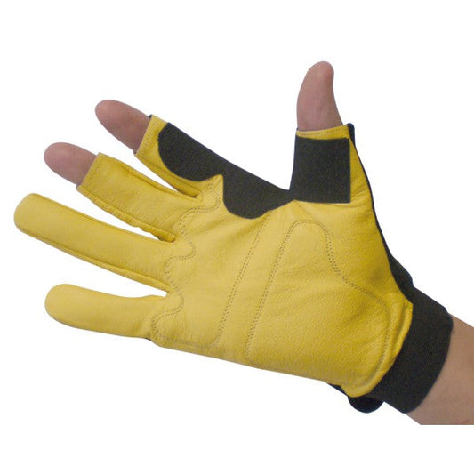 Hand wearing a yellow and black fingerless glove on white background.
