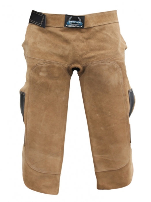 Tan horse riding breeches with knee patches and stretch panels.