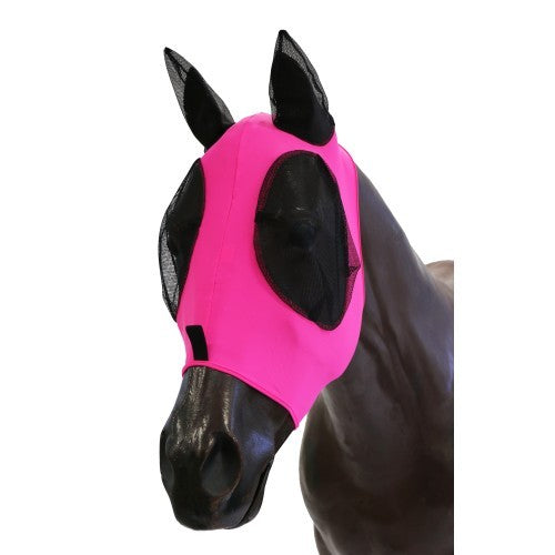 Fly veil for horses in vibrant pink with black mesh.