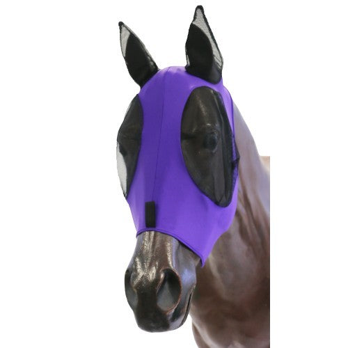 Purple fly veil for horses with black mesh eye covers.