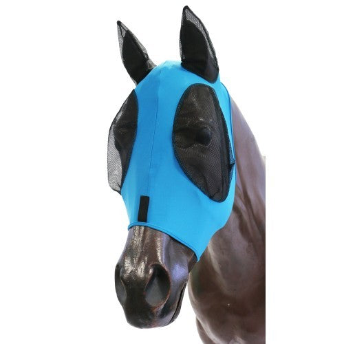 Horse wearing blue fly veil with black mesh areas.