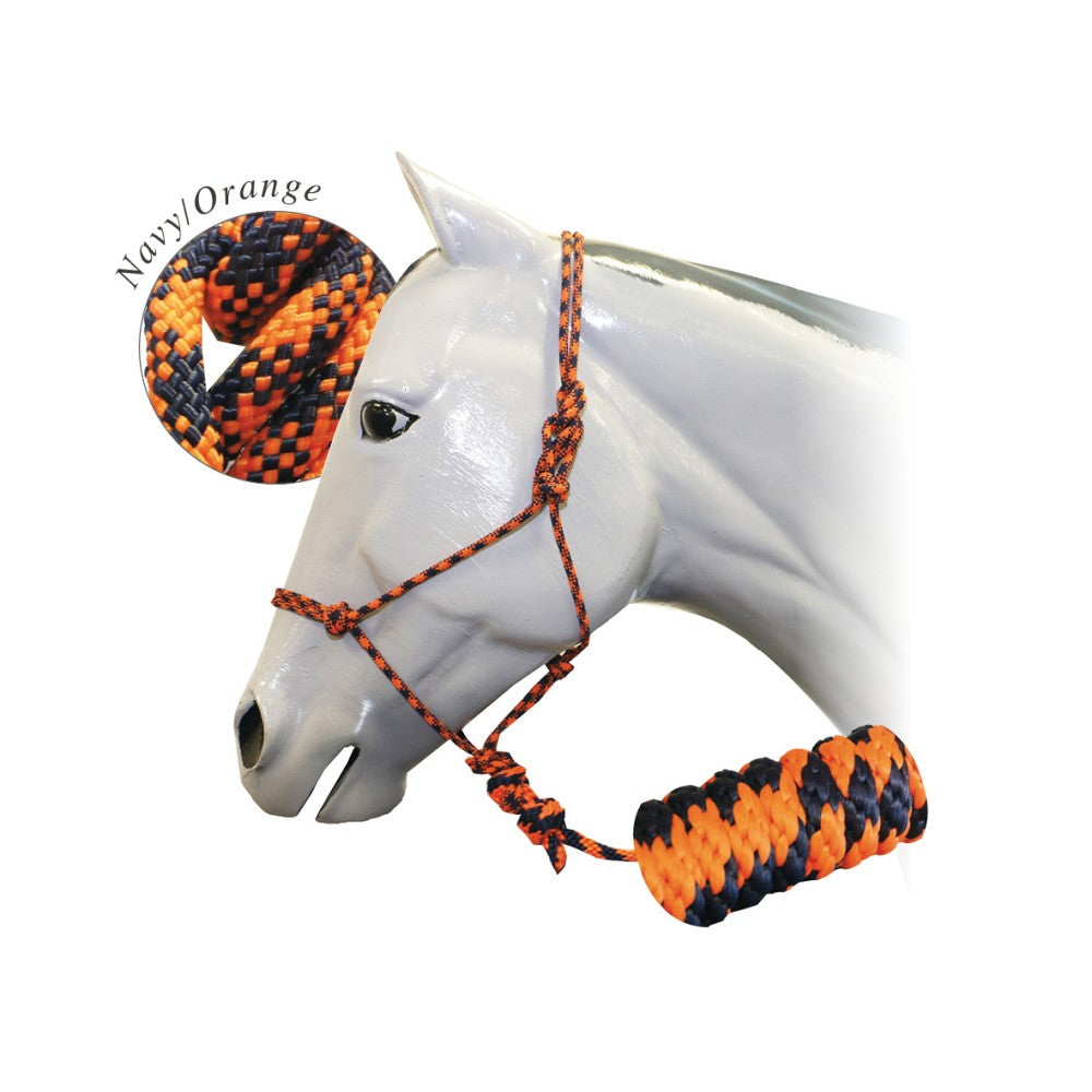 Gray horse mannequin head wearing navy and orange rope halter.