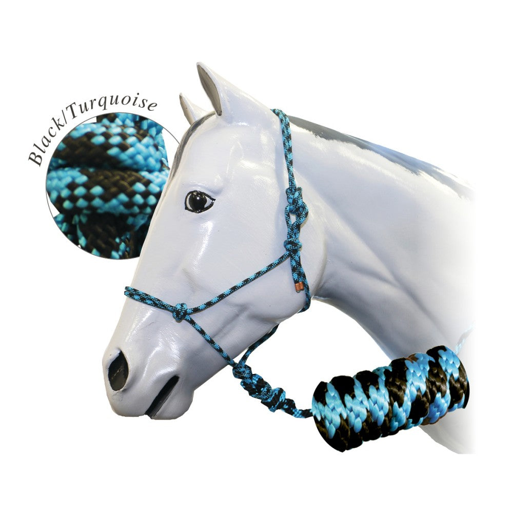 White horse mannequin head with black and turquoise rope halter.