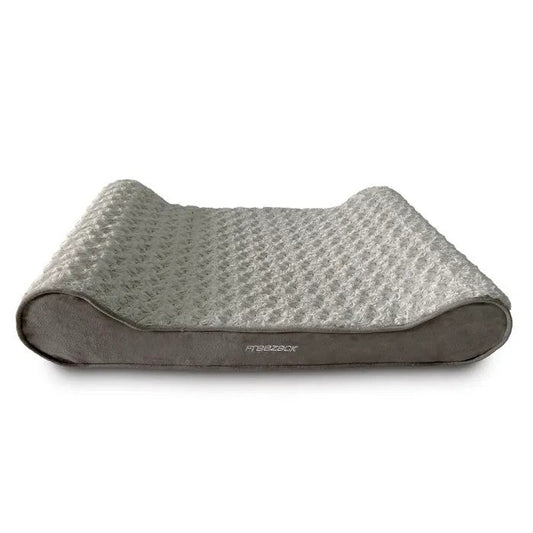 Gray orthopedic dog bed with a textured sleeping surface and raised edges on a white background.