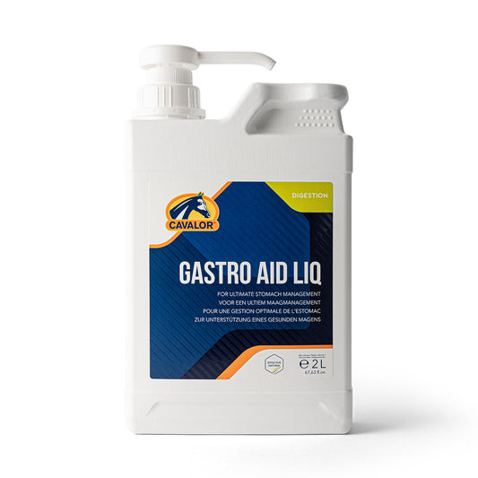 Cavalor Equicare Gastro Aid liquid in a 2L pump bottle.