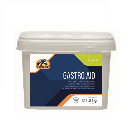Cavalor Equicare Gastro Aid supplement in a white container, 1.8 kg.