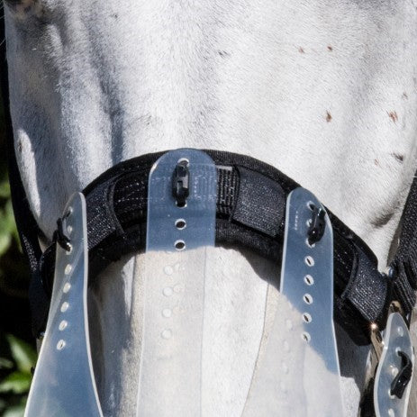 Close-up of Thinline horse fly mask with clear shield.
