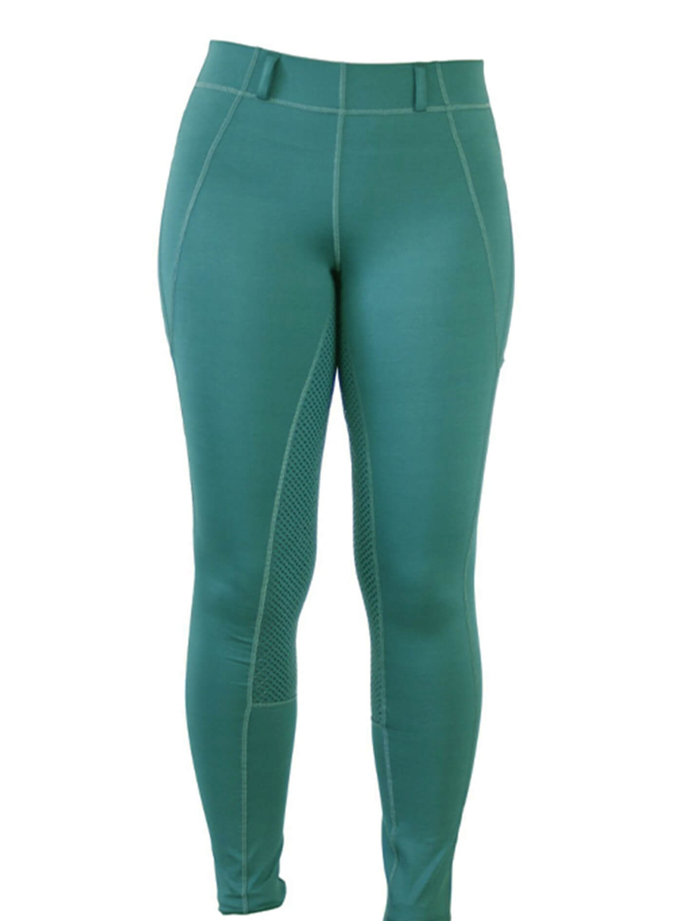 Green horse riding tights with contour seaming and mesh panels.