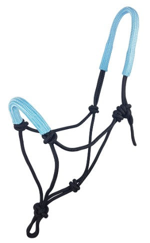 Black and blue rope halter for horse on a white background.