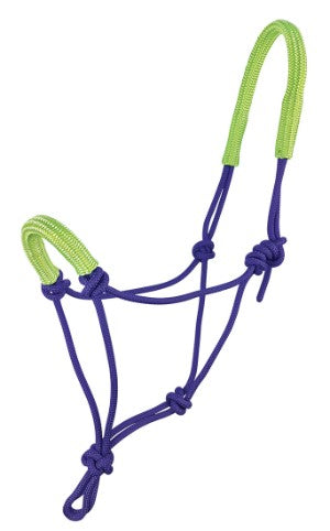 Green and blue rope halter for horse on a white background.