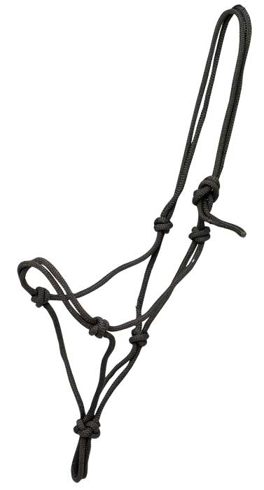 Black rope halter for horses on a white background, no hardware.