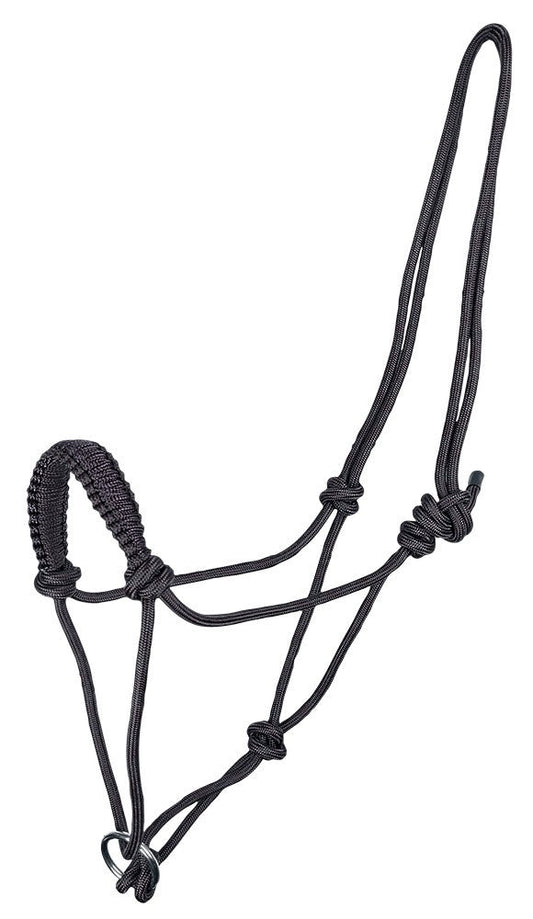Black rope halter for horses on a white background, isolated.