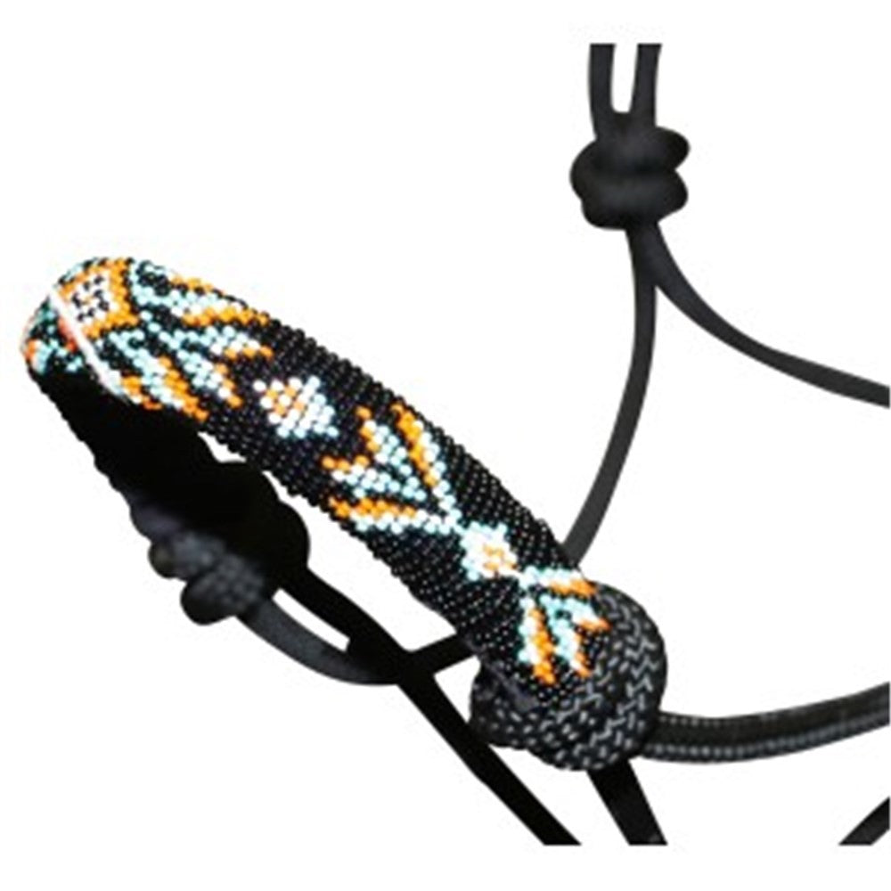 Black and orange beaded rope halter against a white background.
