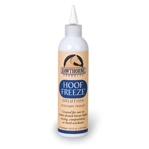 A bottle of Hawthorne Products Hoof Freeze Solution for horses, with a pointed dispensing cap, on a white background.