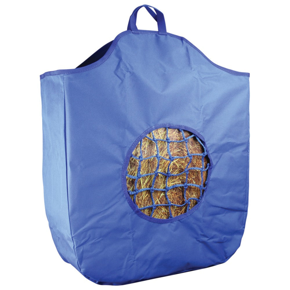 Blue hanging hay feeder bag with circular feed opening.