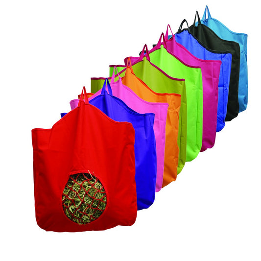 Colorful hay feeders lined up against a white background.