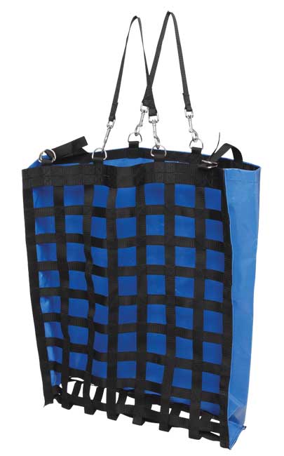 Black and blue nylon webbed hanging hay feeder with straps.