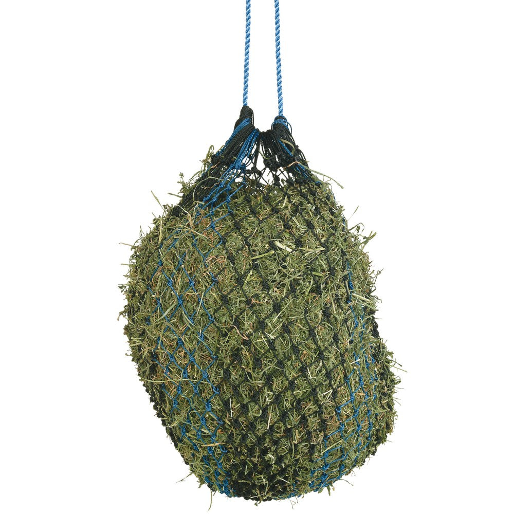 Hanging blue net hay feeder filled with green hay.