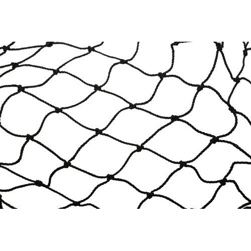 Black net hay feeder with interwoven knots, isolated on white.
