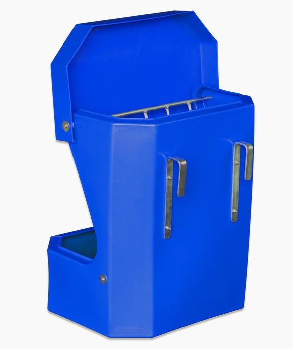 Blue wall-mounted plastic hay feeder for livestock, with metal bars.