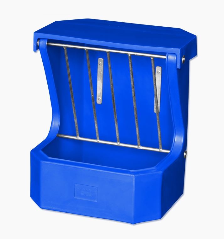 Blue plastic corner wall-mounted hay feeder with metal bars.