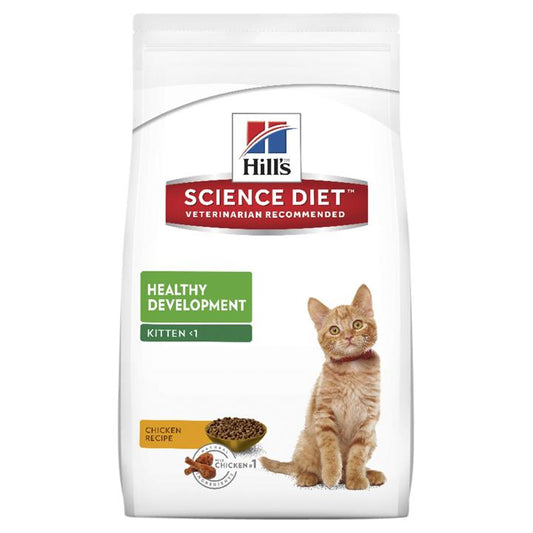 A bag of Hill's Science Diet kitten food, labeled as veterinarian recommended for healthy development, with an image of a small orange kitten and a bowl of kibble.