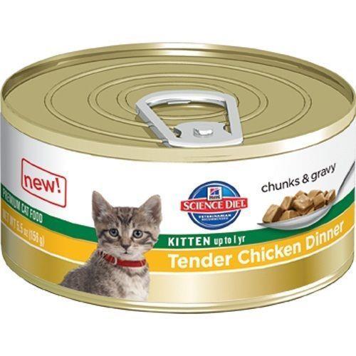 A can of Science Diet kitten food labeled "Tender Chicken Dinner" with chunks & gravy, featuring an image of a kitten, designed for cats up to 1 year old.