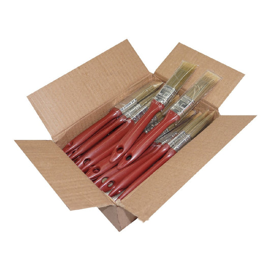 A cardboard box containing multiple red-handled paintbrushes with clear protective covers over the bristles.