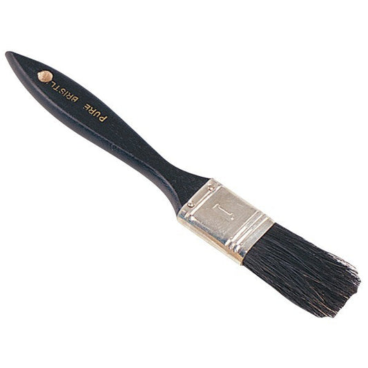 A flat paintbrush with a black handle and silver ferrule, with the bristles pointing to the right on a white background.