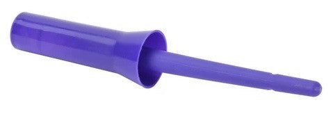 A purple plastic kazoo musical instrument on a white background.