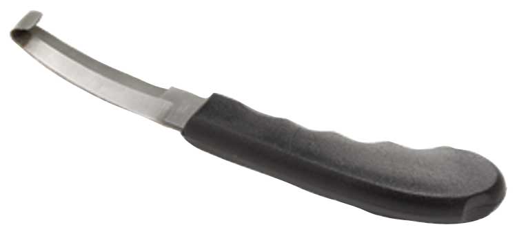 Stainless steel oyster shucking knife with black non-slip handle.