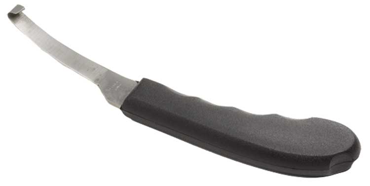 A metal tire lever with a black plastic handle isolated on white.