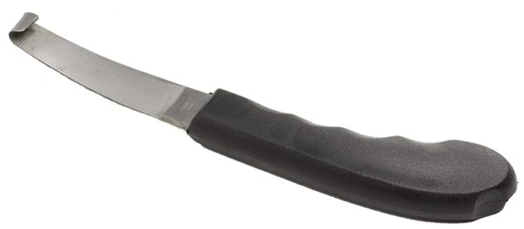 Black handle cheese knife with curved stainless steel blade isolated.